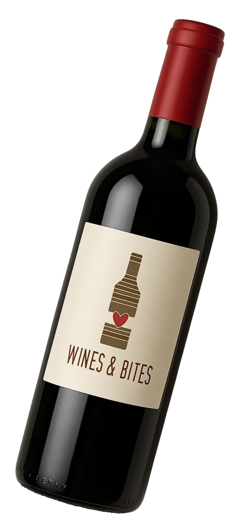 ilustracion de una botella de vino con el logo y el nombre de wines and bites