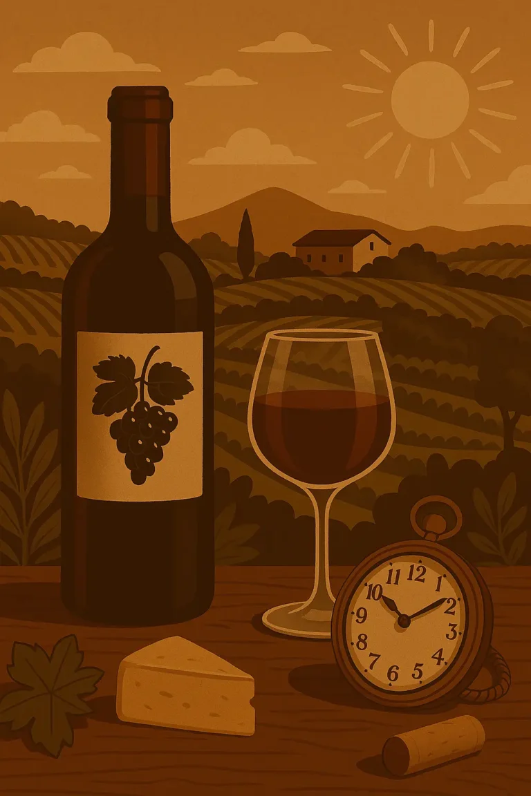 Ilustracion de vino queso y un viñedo de fondoque representa disfrutar de la cata con calma