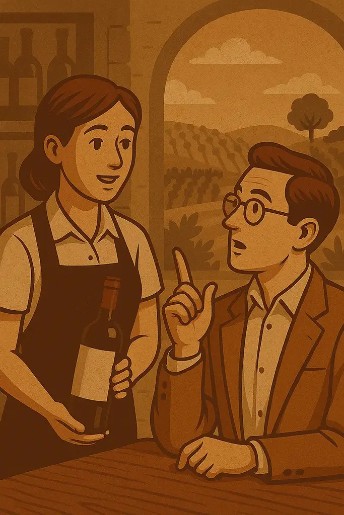 Ilustracion hablando con sommelier sobre vino
