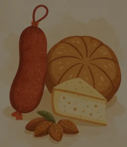 Ilustración de productos gastronomicos de mallorca y baleares usados en catas privadas