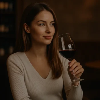 Mujer apreciando el aroma de un vino tinto en la copa durante una cata privada en casa